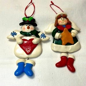Set of Vintage Angel & Angel Snowman Christmas Ornaments Claydough Dangle Boots